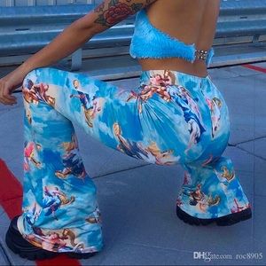Blue angel print slim flared pants